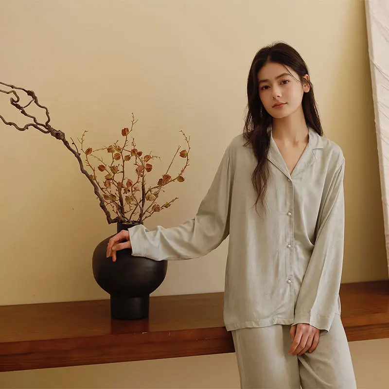 2025 Women's Satin Solid Color Jacquard Lapel Pajama Set Spring Long Sleeve Trousers Beautiful Loungewear Loose Home Clothes