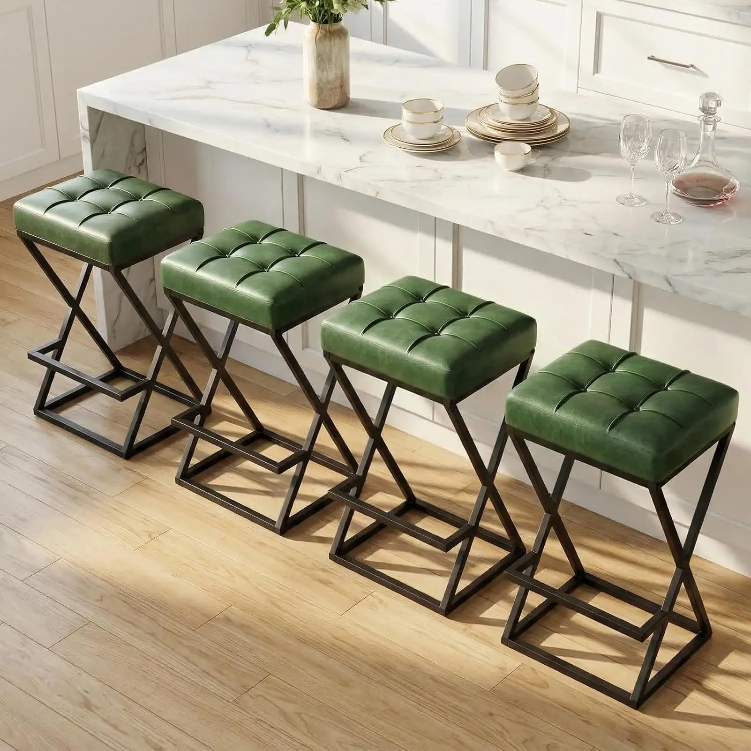 

26" Bar Stools Set of 4, Counter Height Backless Bar Stools with Upholstered Leather Seat, X-Frame Metal Stability, Customized