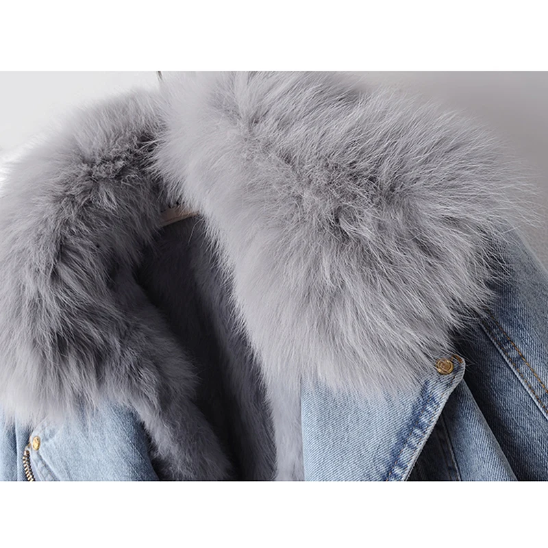 Real Fox Fur Collar Rabbit Fur Liner Denim Jacket Women Cowboy Outerwear Winter Thick Loose Short Hem Belt Jeans Jackets Female