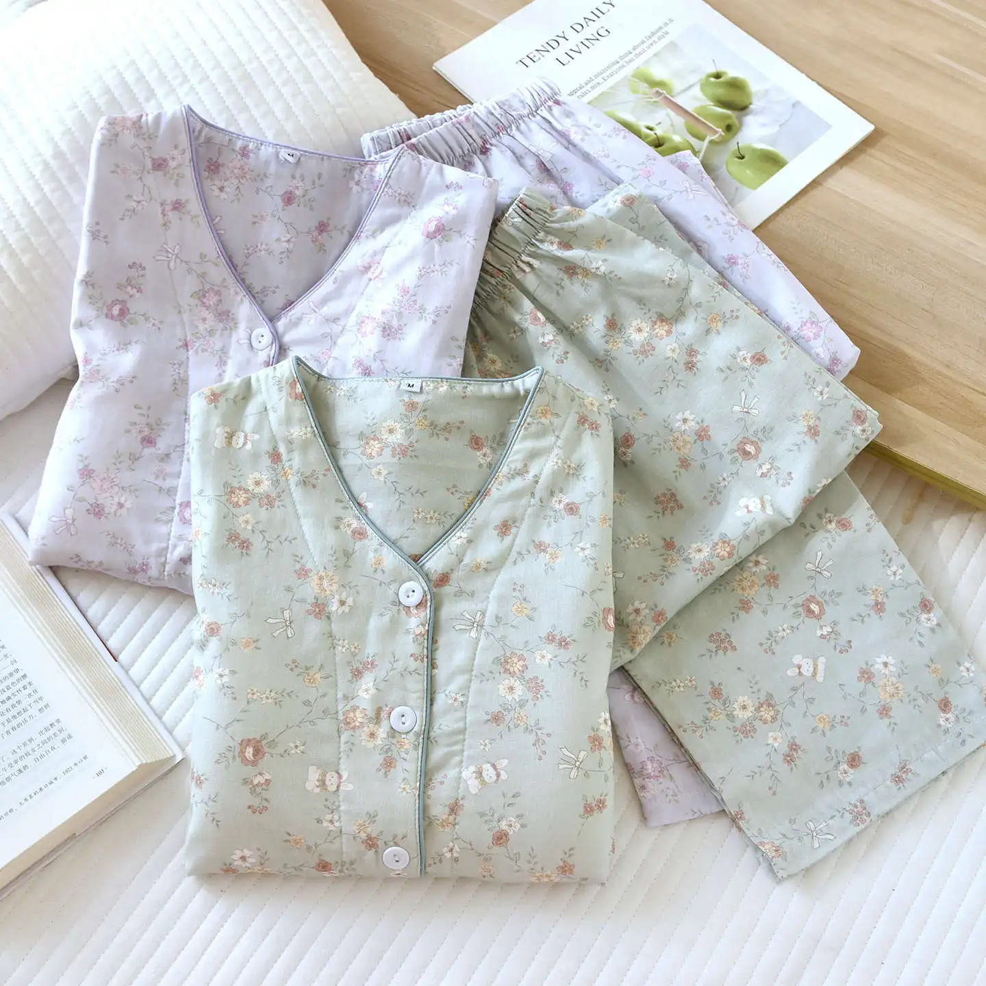 

Женская пижама из двух предметов с цветочным принтом, для сна, хлопковая, домашняя одежда, весна-осень, с длинным рукавом, ночная рубашка для женщин