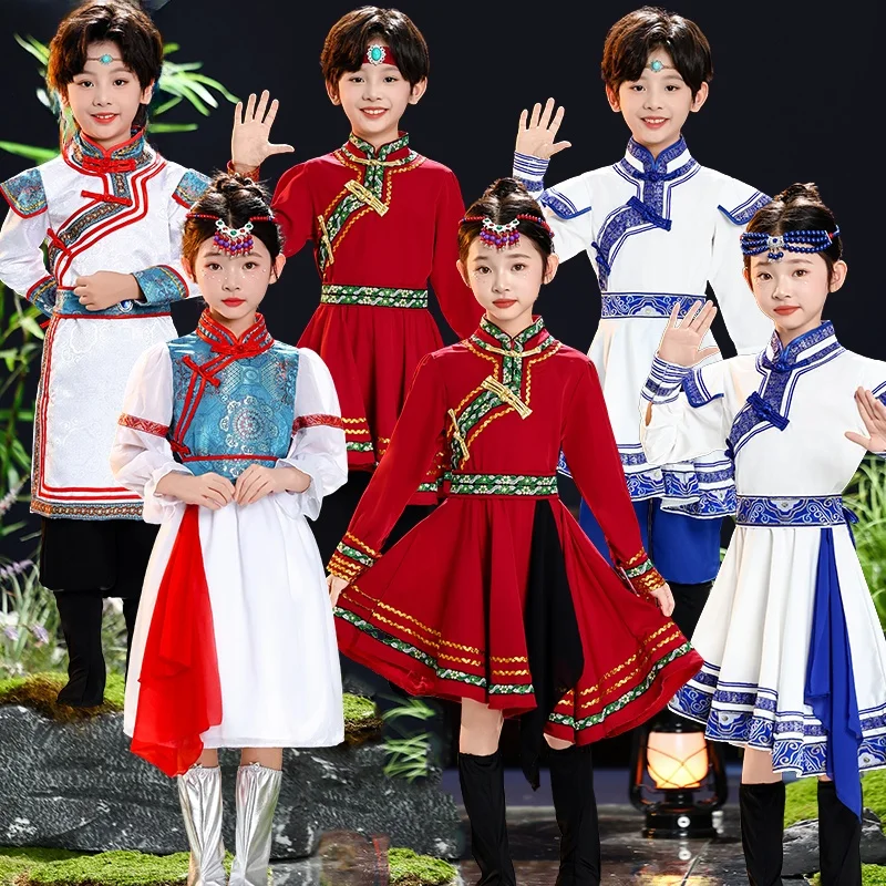 Traje de actuación de baile para niños, traje étnico mongol para hombre y mujer, traje nacional Six One, traje de baile con t...