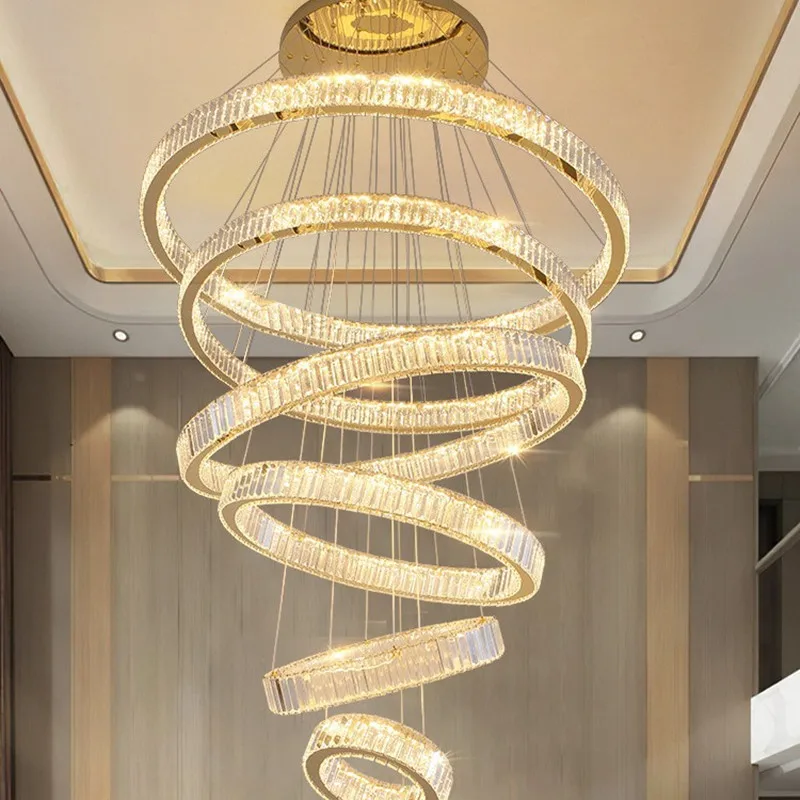 

Modern Home Decor Ring Chandelier Crystal for Loft Villa Staircase Hotel Hall Pendant Lamp Interior Lighting Hanging Fixture