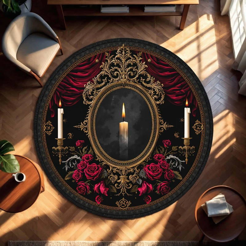 Gothic Raven Crystal Ball Crimson Rose Occult graphics Circle Rug,Living Room Sofa Chair,Hallway,Bedroom indoor decor Rug Gift