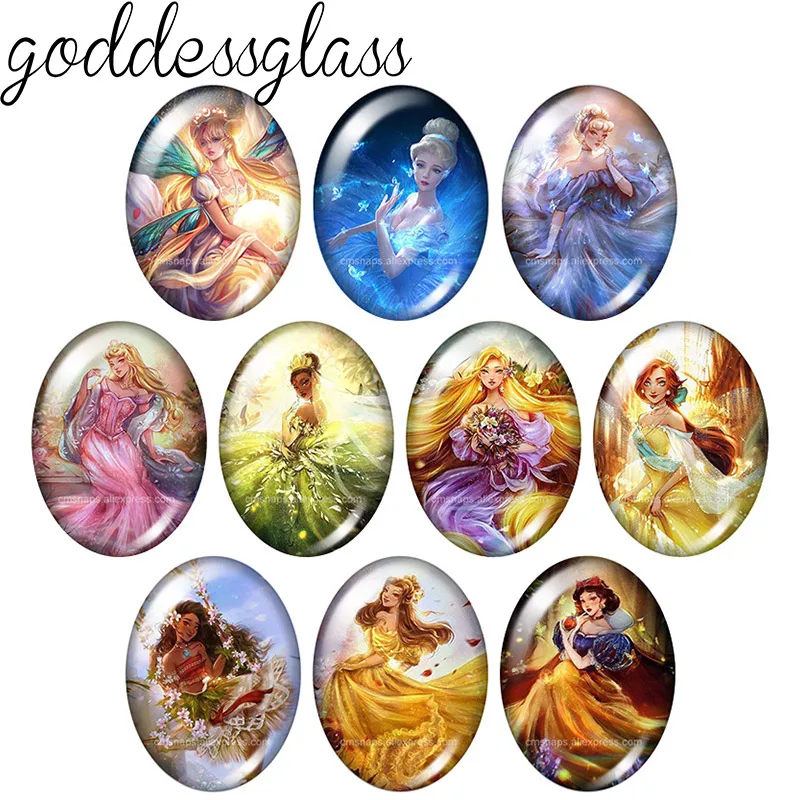 Disney Princesses Elsa Belle Tiana 10pcs 13x18mm/18x25mm/30x40mm Oval photo glass cabochon flat back bracelets Making findings