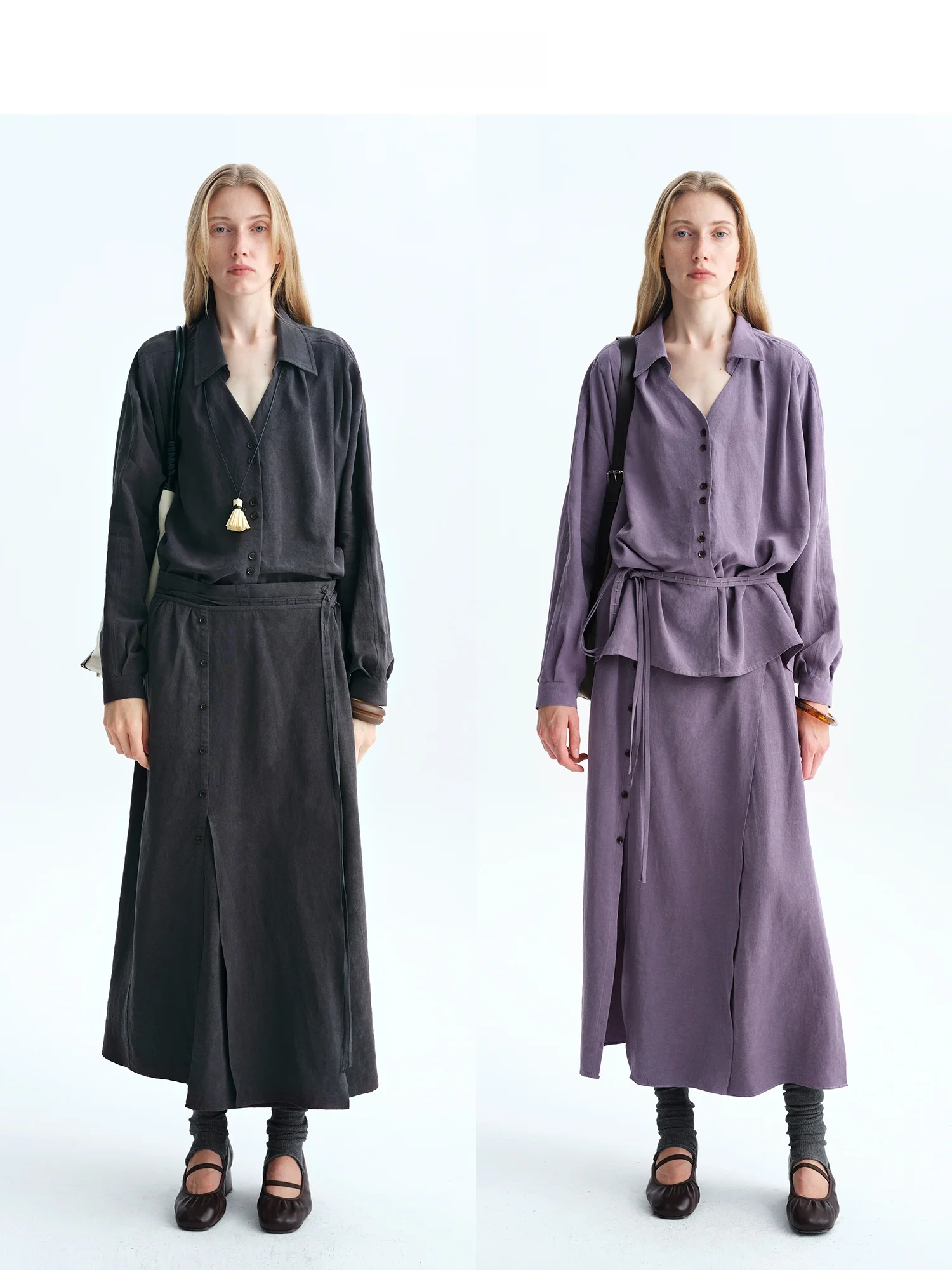 Long  Linen Sand Wash Draped  Belted Split Skirt Women's Casual mid Waist A-Line Skirt Soft Comfortable
