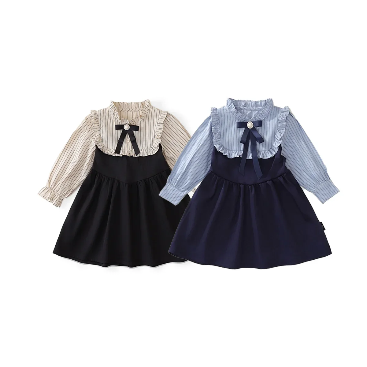 Dress Spring and Autumn New Korean Fashion Academy Style Butterfly Bow Stripe Splicing Long Sleeve Lace Princess Skirt