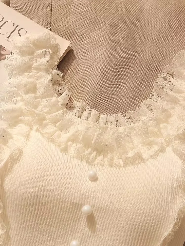 Korean Lace Patchwork Crop Top Women U-Neck Knitted Stretch Tank Top 2025 Summer Female White Lace Stretch Cami image 5