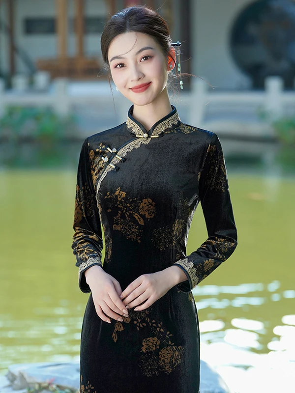 

Stunning New Chinese Sle Long Dr Improved Version Daily Wear Mom anghai National Sle Floral Print Long Sve