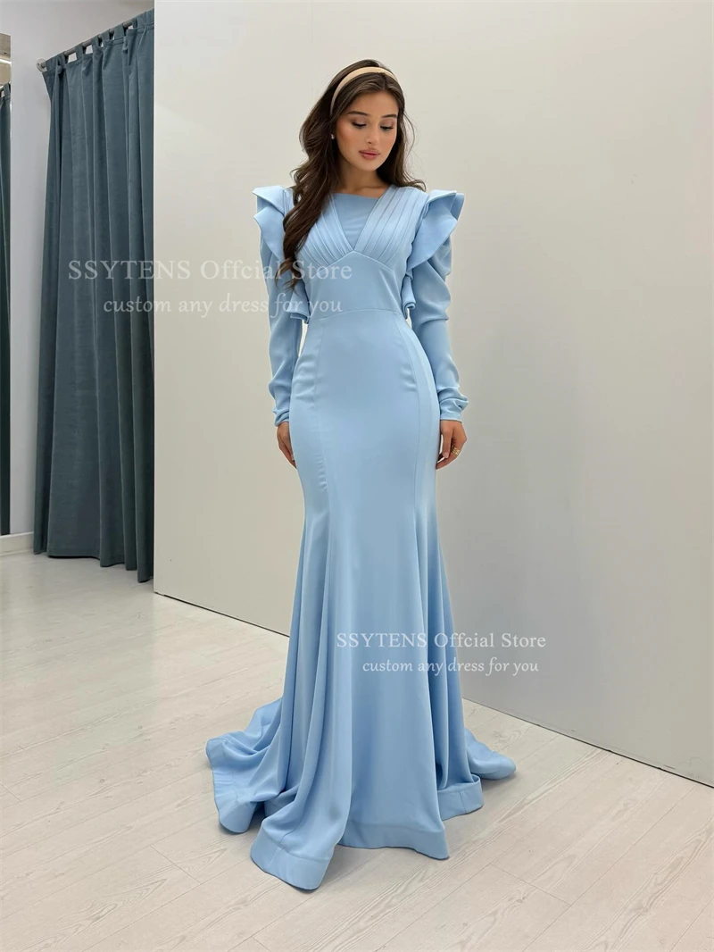 SSYTENS Elegant Blue Saudi Prom Dresses Stain Full Sleeve Formal Gown with Pleats Mermaid Evening Dresses for Woman Customized