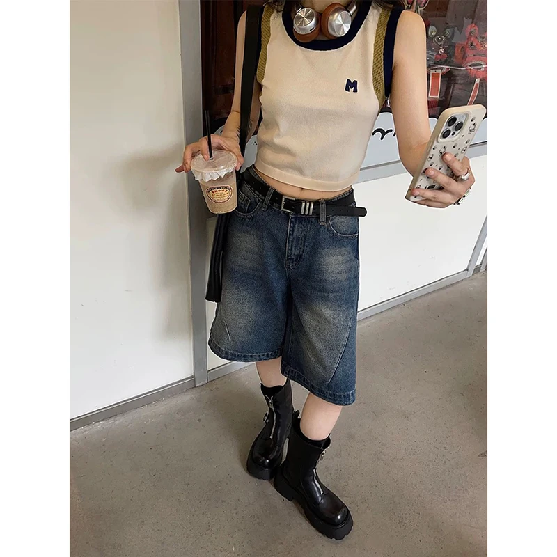 

YIBASHU 2026 Summer Women American Retro Boyfriend Jorts Wash Jean Shorts Denim Shorts Y2K 2000s Japanese Harajuku Blue Jeans