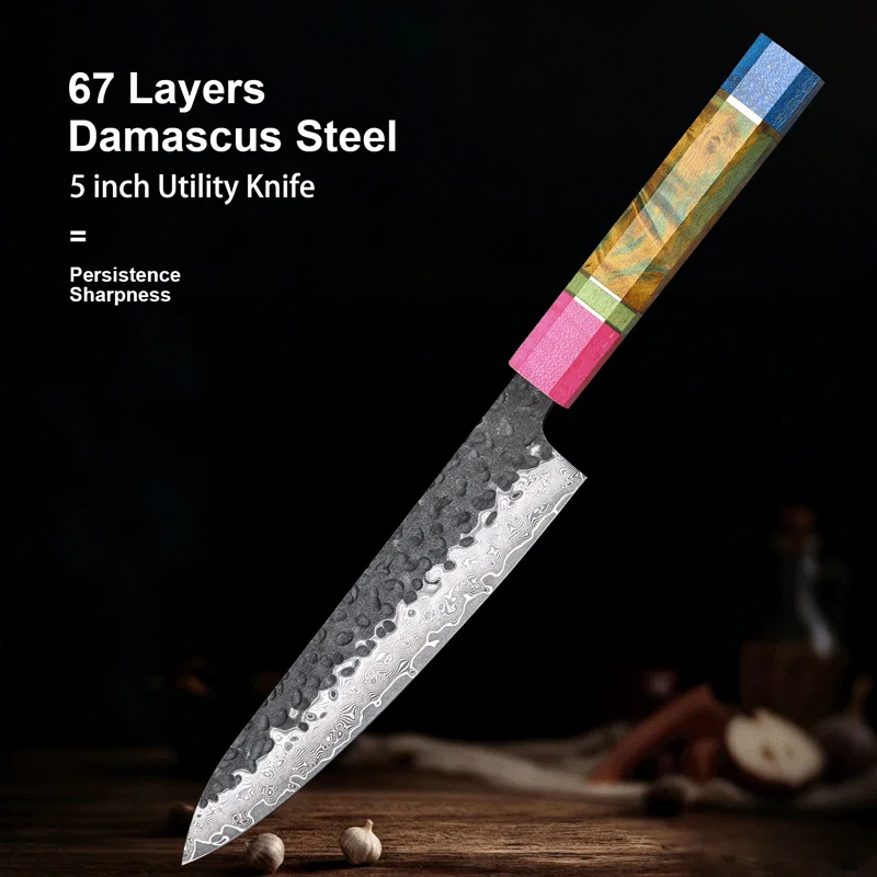 5 inch Japanese Petty Knife Hand Forged Damascus Steel Chef Kitchen Utility Knife Cooking Tool Paring Knife Colored Wood Handle