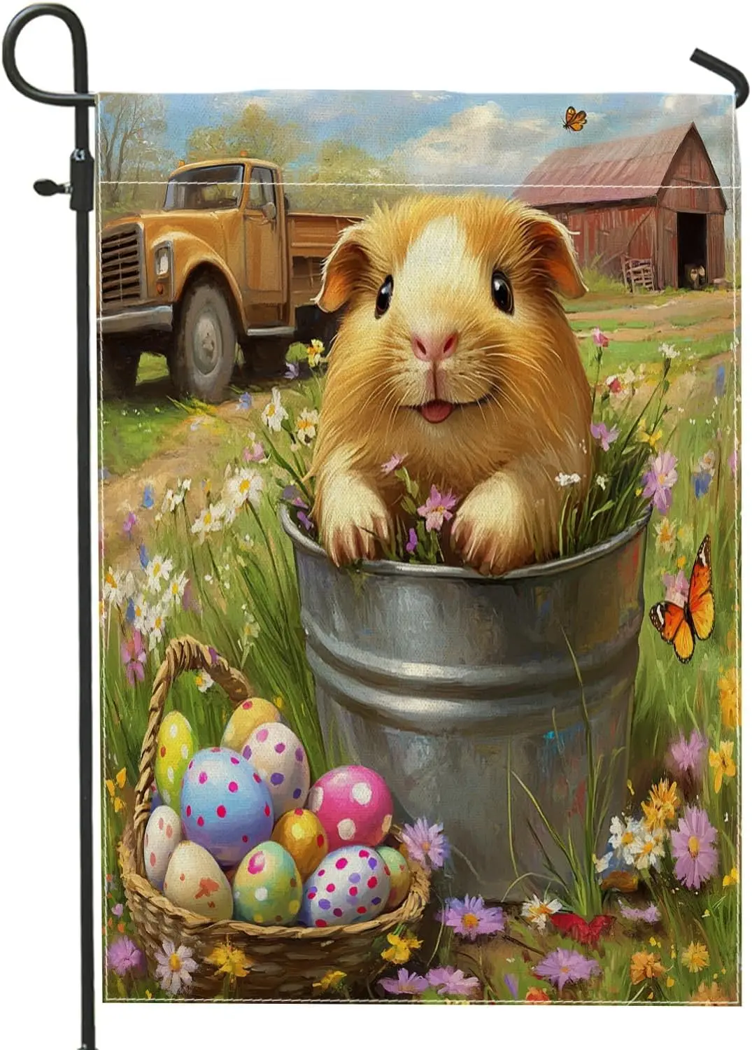 Spring Easter Guinea Pig Garden Flags 12x18 Inch for Outside, Farmhouse Barn Eggs Animal Standard Vertical Linen Flags, Coun AAS