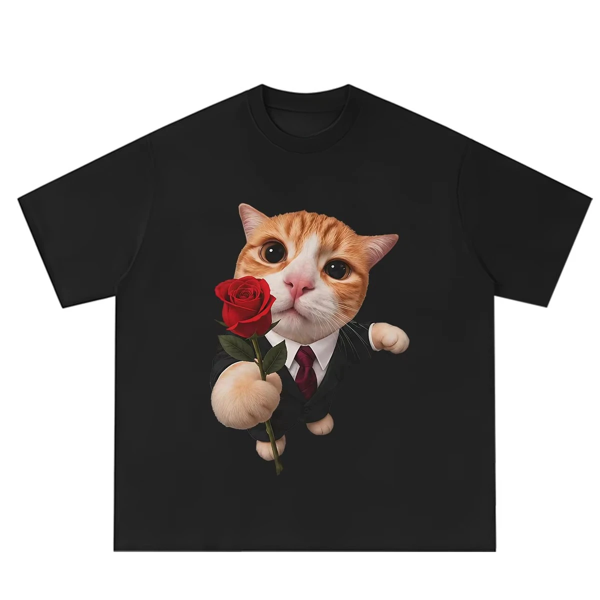 2026 New Funny Romantic Cat with Rose Cute Cat Graphic T-Shirt Men Women Aesthetic Trend T-shirt Summer Loose