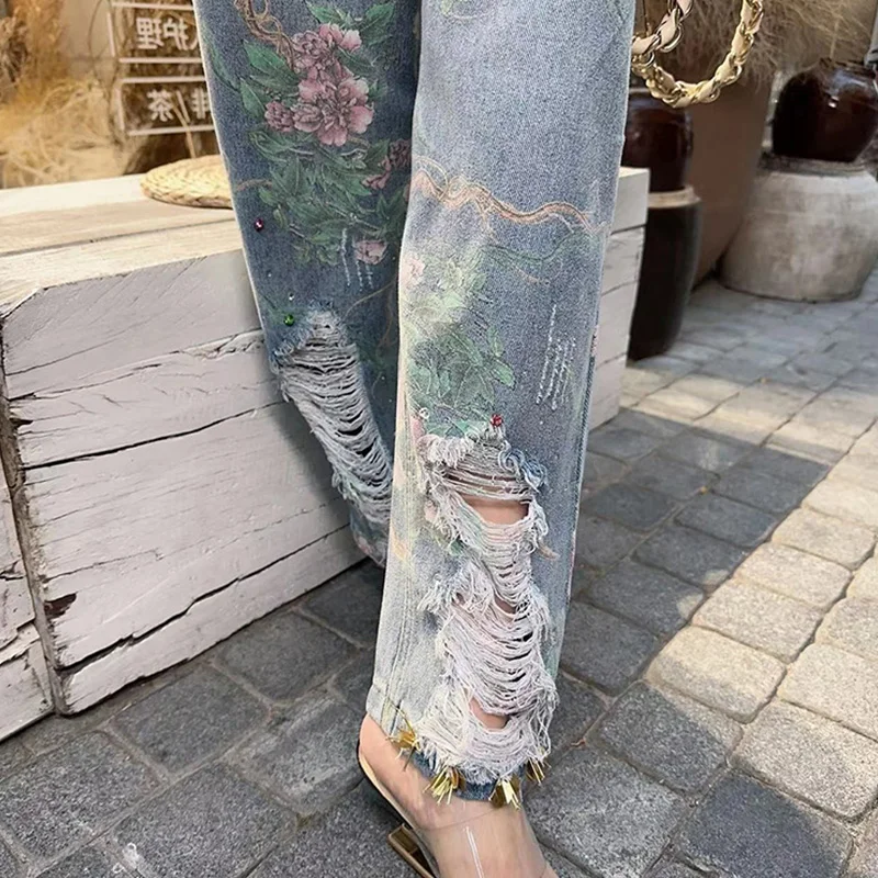 High Waist Loose Fit Slimming Straight Leg Jeans Women's Summer Denim orts High Waist Ripped Print Jeans for Pear aped Body
