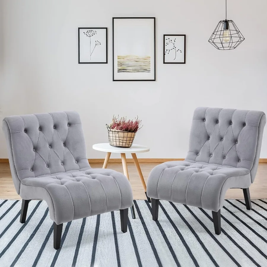 Armless Accent Chair Set of 2 Upholstered Button Tufted Living Room Chairs with Wood Legs Comfy Frosted Velvet Lounge Chair Rea