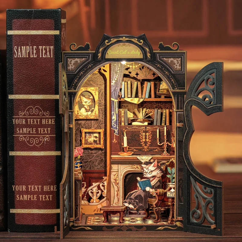 DIY Book Nook Kit Miniature Dollhouse with Light Wooden Book Shelf Insert Retro Booknook Decor for Gifts Bookshop Series