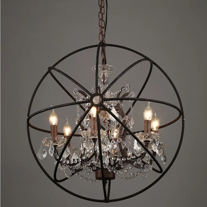 American Retro Crystal Chandelier Spherical Wrought Iron Pendant Lights Living Room Restaurant Hotel Bedroom Candle Hanging Lamp