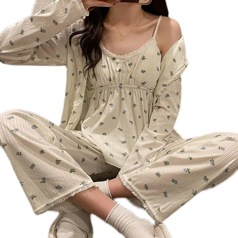Summer New Arrival Pure Desire Cotton Floral Print Chemise Nightgown Women's Sleepwear Set with Chest Pad Three-Piece Suit