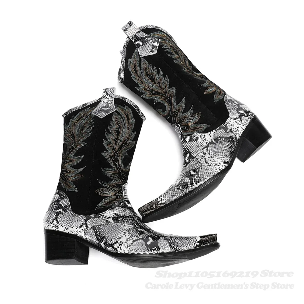 Red Snake Pattern Crystal Print Patchwork Knee High Boot Men Iron Pointed Toe Chunky Heel Western Nightclub Runway Long Boots view 5