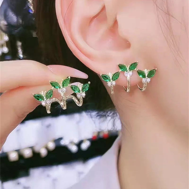 Korean Crystal Butterfly Earrings Women Green Rhinestones Earring Gift for Party Best Friend New Fashion Jewelry