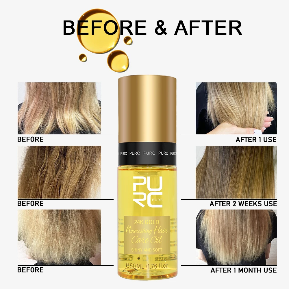 Purc-Óleo Nutritivo para o Cabelo, Suavização Reparadora Danificada, Tratamento Frizzy, Óleo de Coco, Produtos de Cuidado Hidratante, Ouro 24K, 50ml