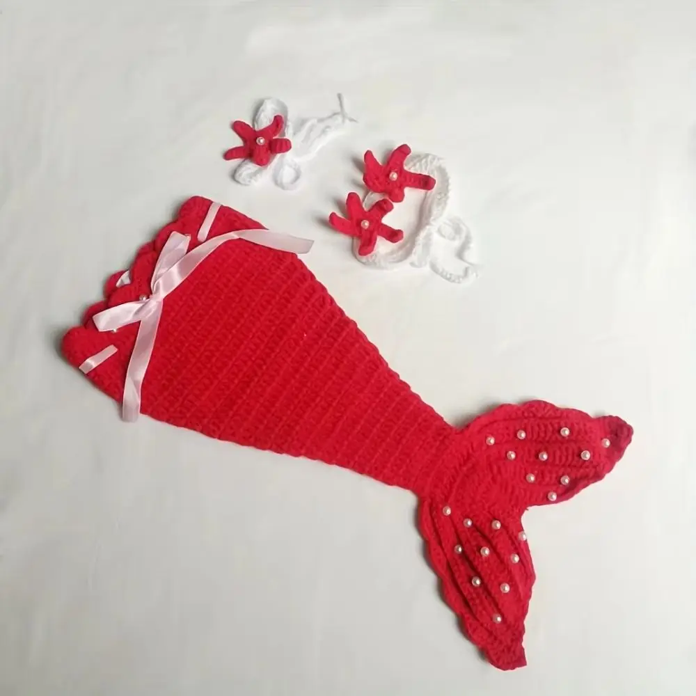 3pcs/Set Creative Baby Mermaid Costume Set Soft Handmade Newborn Photography Props Washable Hair Band Infant Knitted Costume