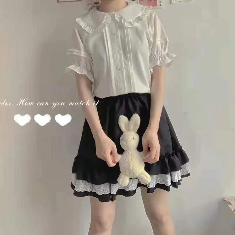 QWEEK Japanese Sweet Lolita Style Blouses Women Kawaii Peter Pan Collar JK Shirts Girls Cute Ruffles Short Puff Sleeve White Top