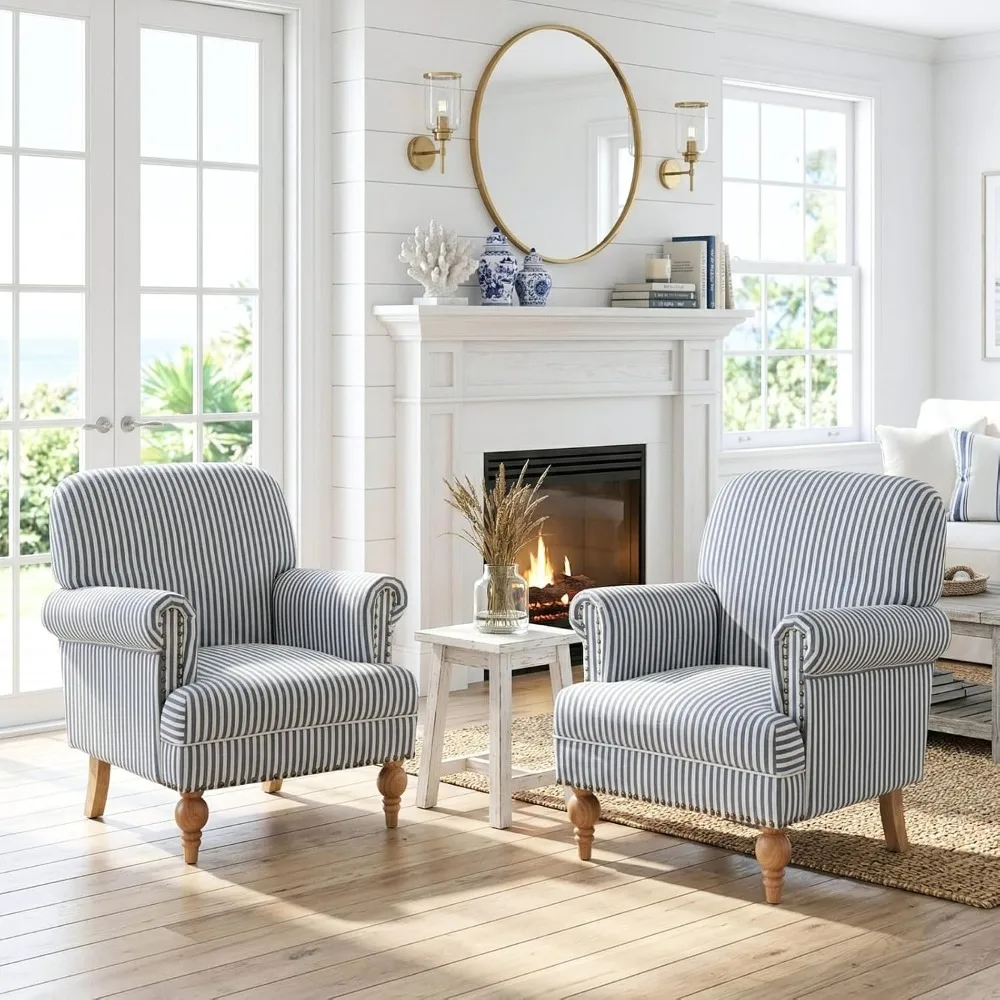Coastal Blue Striped Linen Armchair,Nailhead Trim & Ball Turned Wood Legs Accent Chair, Custom