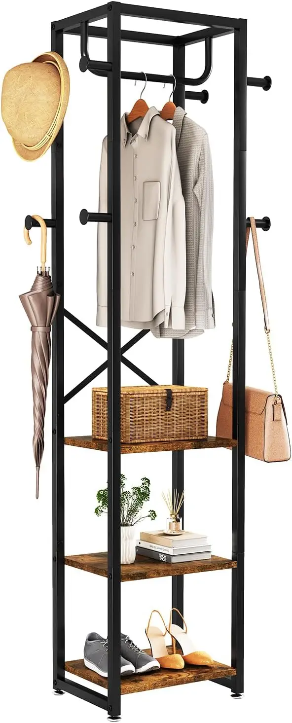 

Freestanding Coat Rack with Shelves and Hooks, Industrial Hall Tree for Entryway, Bedroom, Rustic Brown