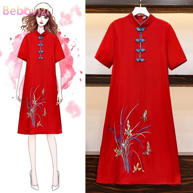 

2021 M-4XL Plus Size Vintage Red Embroidery Chinese Traditional Qipao Casual Party Women Midi Dress Summer Cheongsam Dresses