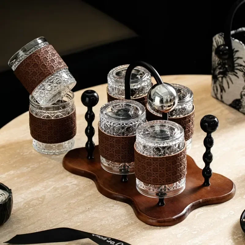 Acacia Wood Tray with Woven Leather Handle Glass Cup Holder Set for Home Decor Serving Platter Round Coaster Organizer