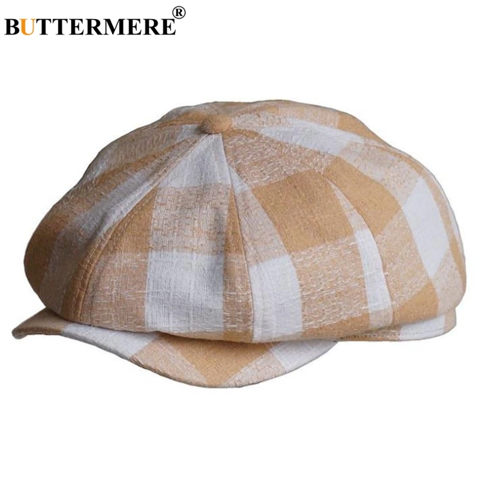 BUTTERMERE Newsboy Cap Men Women Linen Octagonal Cap British Black White Plaid Beret Hat Spring Summer Male Female Flat Cap