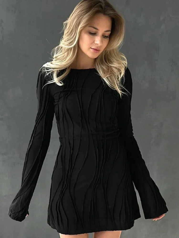 Solid Black Dress For Women Streetwear Long Sleeve Vestidos Elegantes Para Mujer Striped Y2k Clothing One Piece Club Outfits