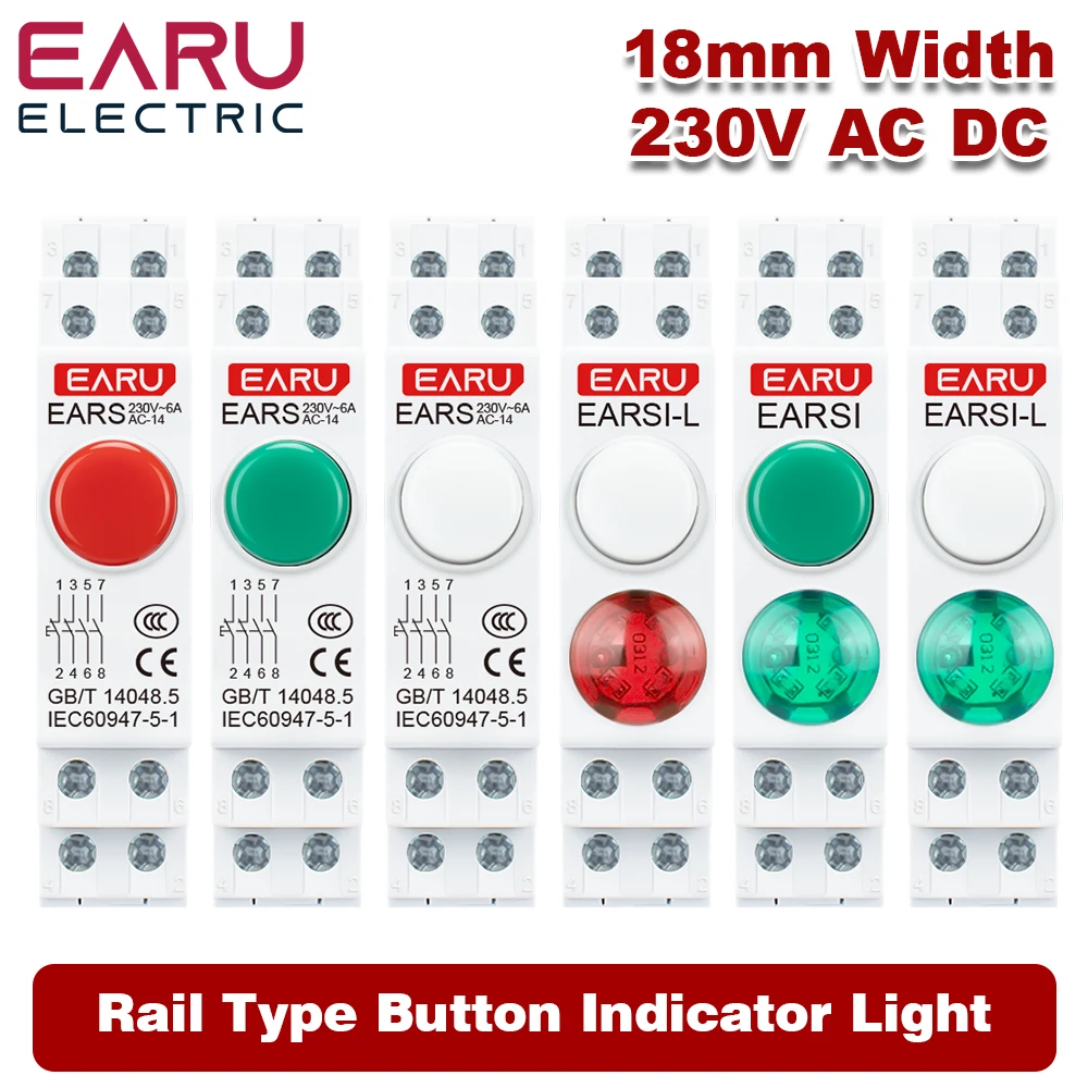 18MM Din Rail Mount LED Signal Lamp Button Switch Series AC/DC 220V Indicating Indication Pilot Lights Green Momentary Latching