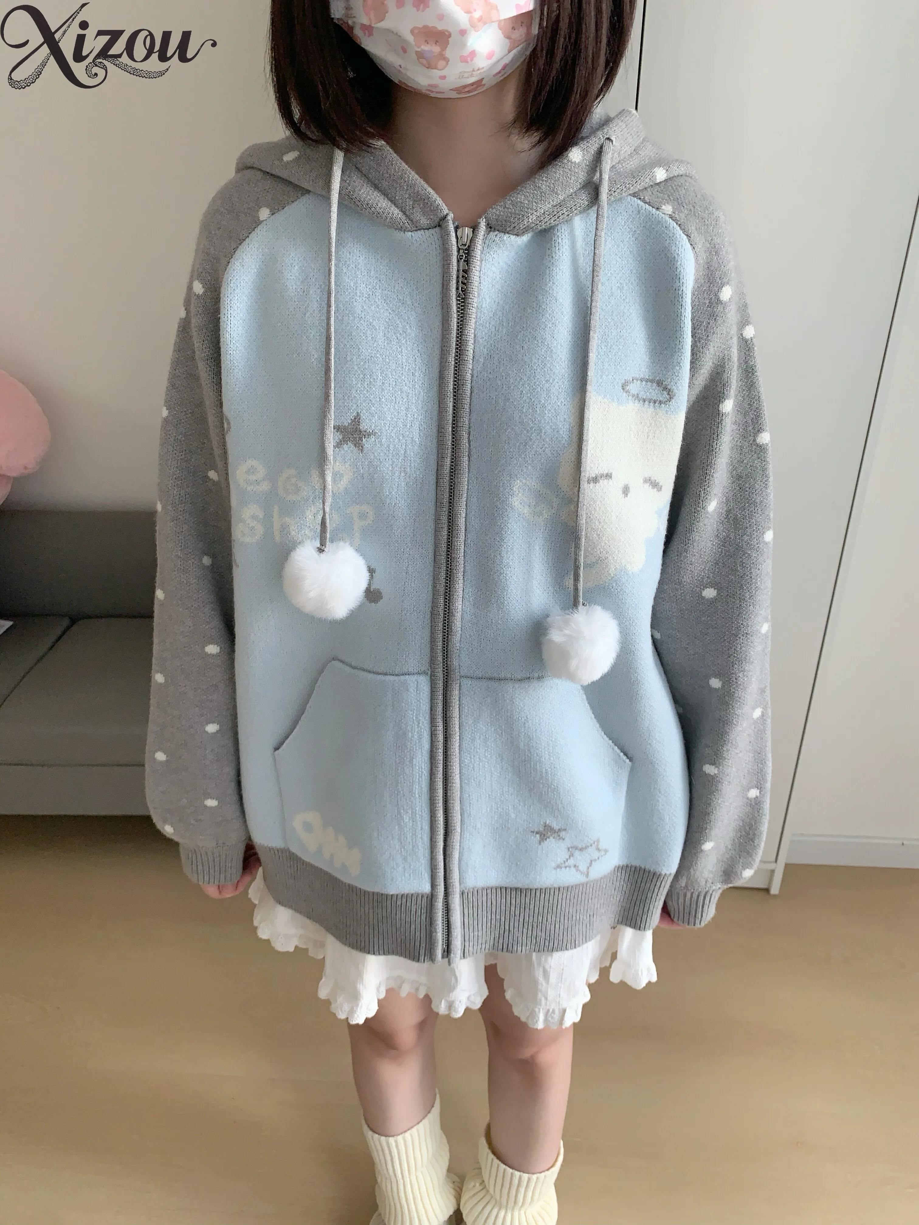 Women Angel Cat Dot Color Block Knit Hooded Cardigan Doll Pom Drawstring Kawaii Fall Winter Coat Spring Autumn 2026 Hoodies