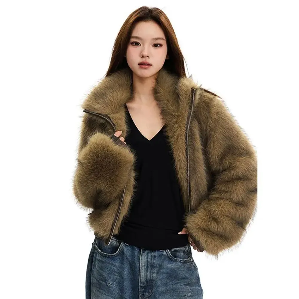 

Zipper Short Faux Fox Fur Coat Women Winter Fluffy Jacket Long Sleeves Artificial Plush Fur Coat Furry Outerwear 2025