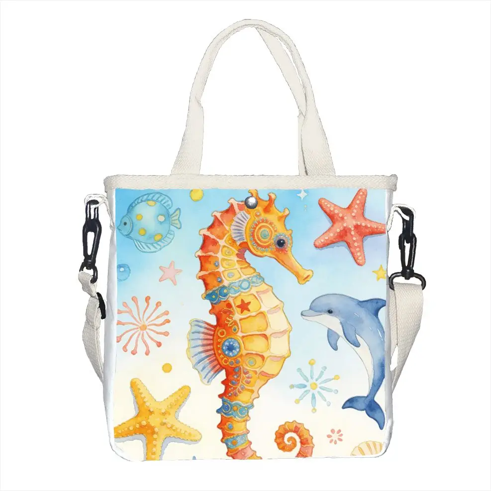 Watercolor Seahorse Ocean Creature Print Shoulder Bag for Women Adjustable Strap Lightweight Tote