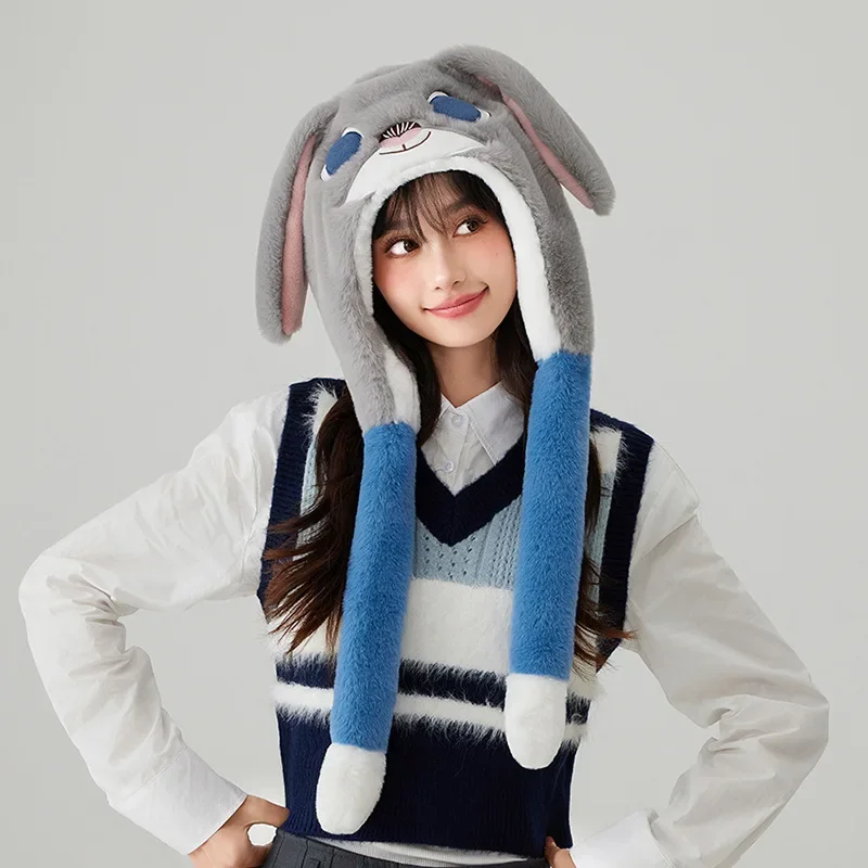 Autumn and Winter Ladies Cute Cartoon Rabbit Ear Bag Hat Cold Warm Ear Hat Outdoor Air Bag Movable Cotton Cap Street Cowl Cap