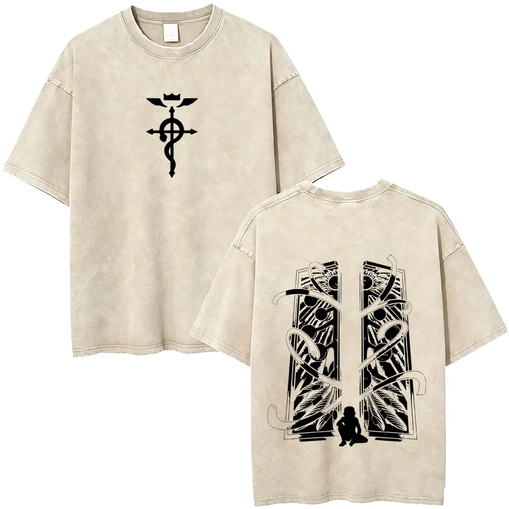 Washed Vintage Anime Fullmetal Alchemist Pride and Edward Elric Merch T-shirt Men Casual Oversized T Shirt Retro Cotton T-shirts