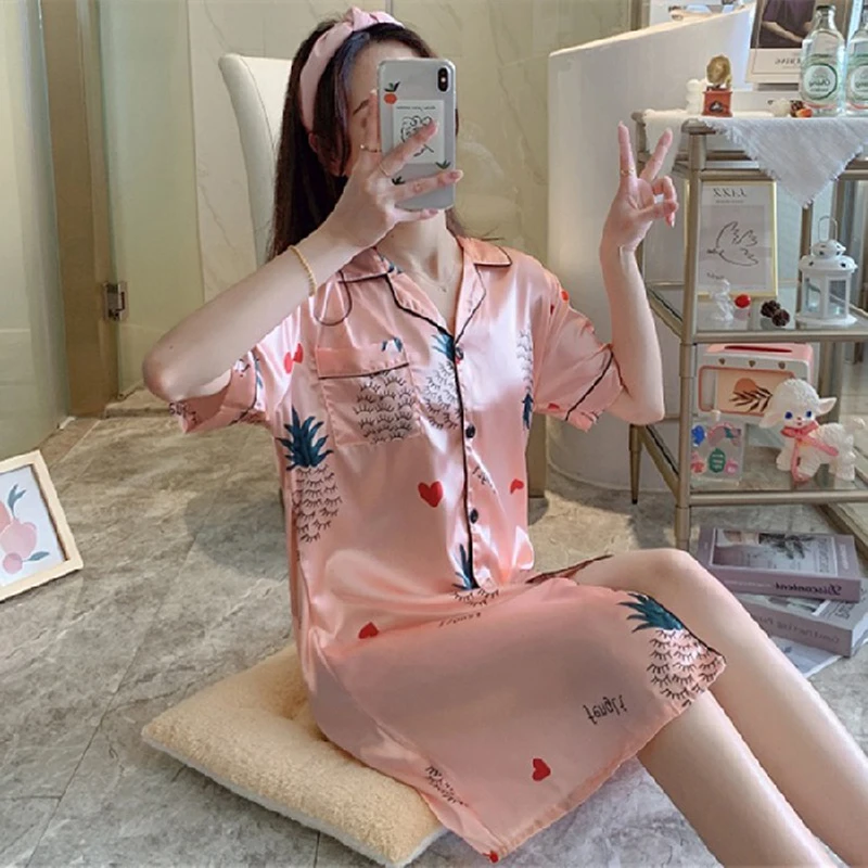 New Fashion Summer Soft Silk Nightgown Half Sleeve Leaves Printing Turn-down Collar Homedress Leisure Satin Nightdress For Women