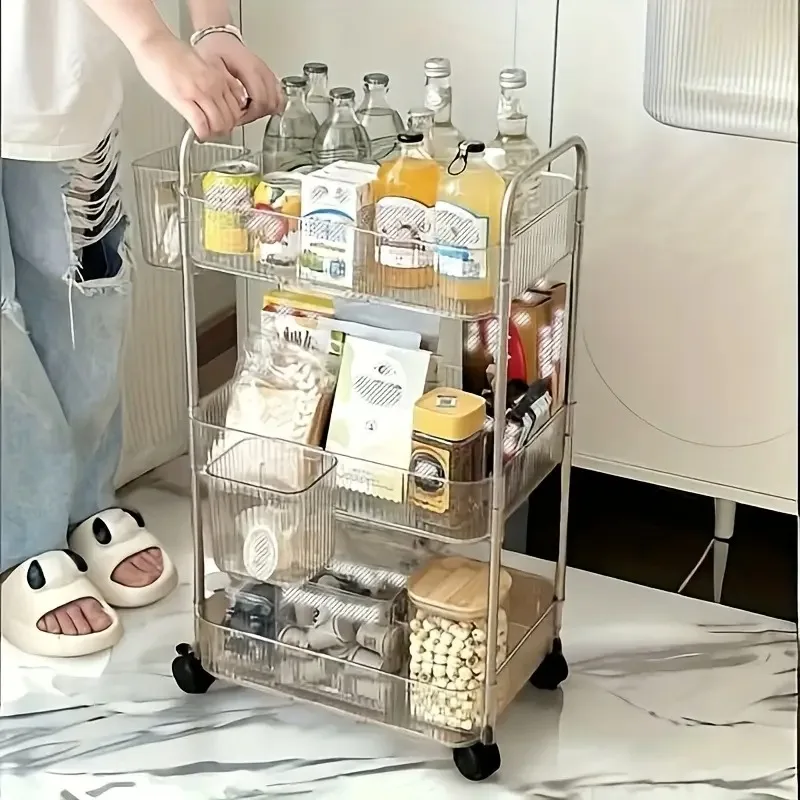 

3/4 Tier Scrolling Cart with Wheels ＆ Hanging Basket , Acrylic Snack Storage Rack, for Kitchen, Bathroom, and Cosmetic Organizer