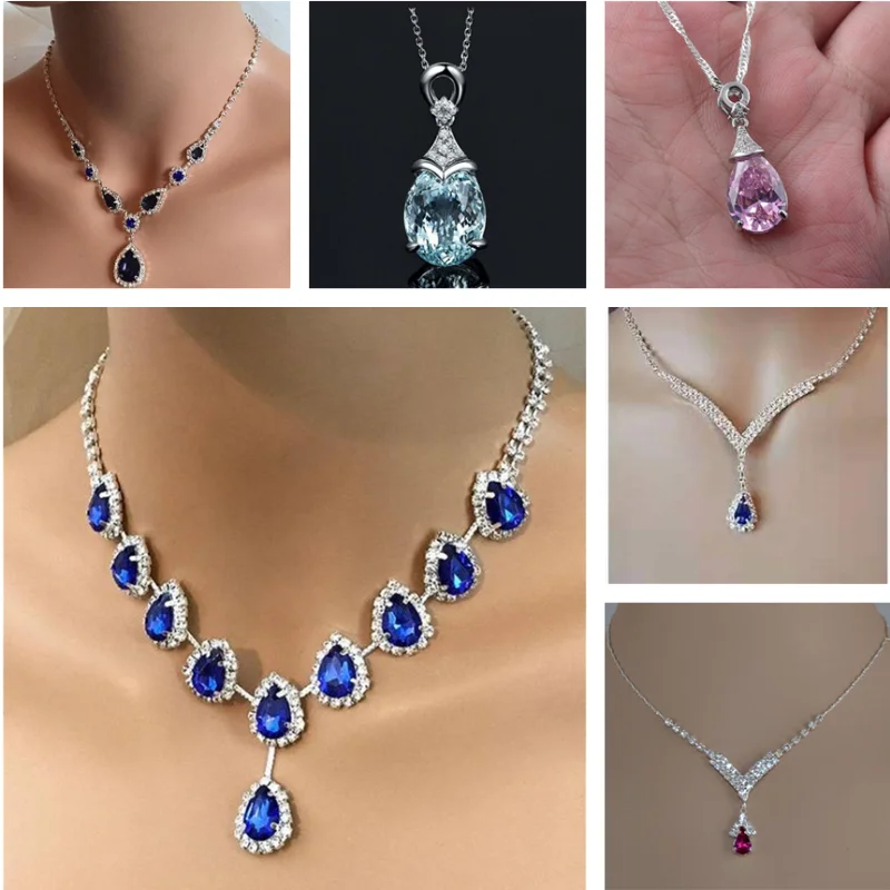 Classic Ladies Water Drop Crystal Pendant Necklace Full Diamond Ice Crystal Zircon Women\'s Party Wedding Jewelry Silver Diamond