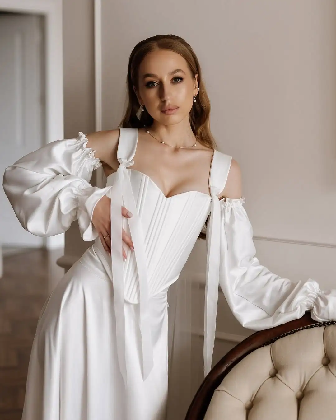 MD Elegant Spaghetti Strap Wedding Dresses Side High Slit Long Sleeve Bridal Gown Ankle-Length Vestidos De Novia Customized 2025