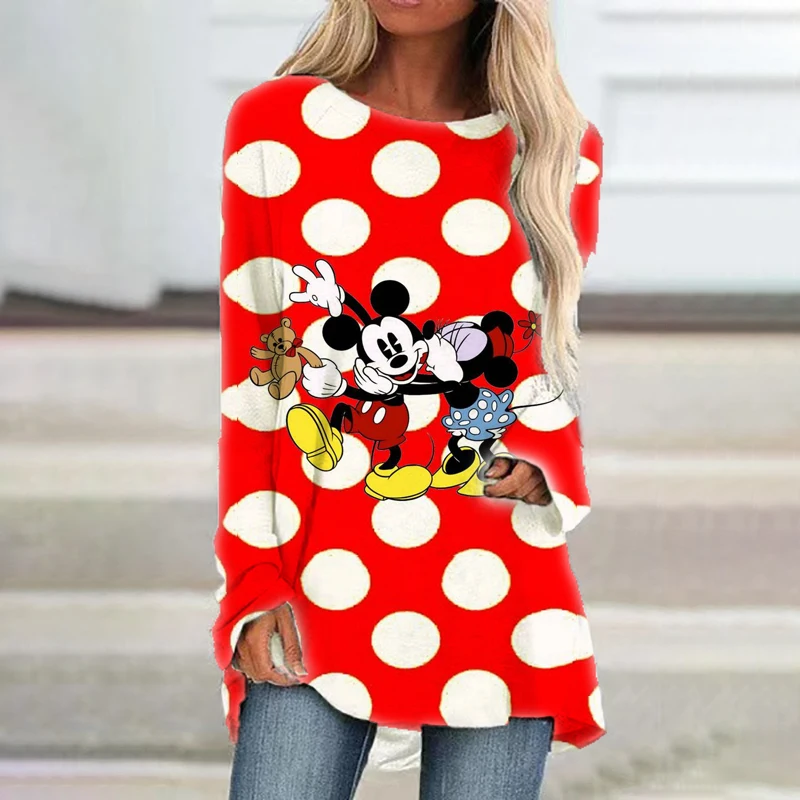 Mickey Minnie cartoon autumn new women's round neck loose long sleeve pullover T-shirt fashionable all-match casual T-shirt top