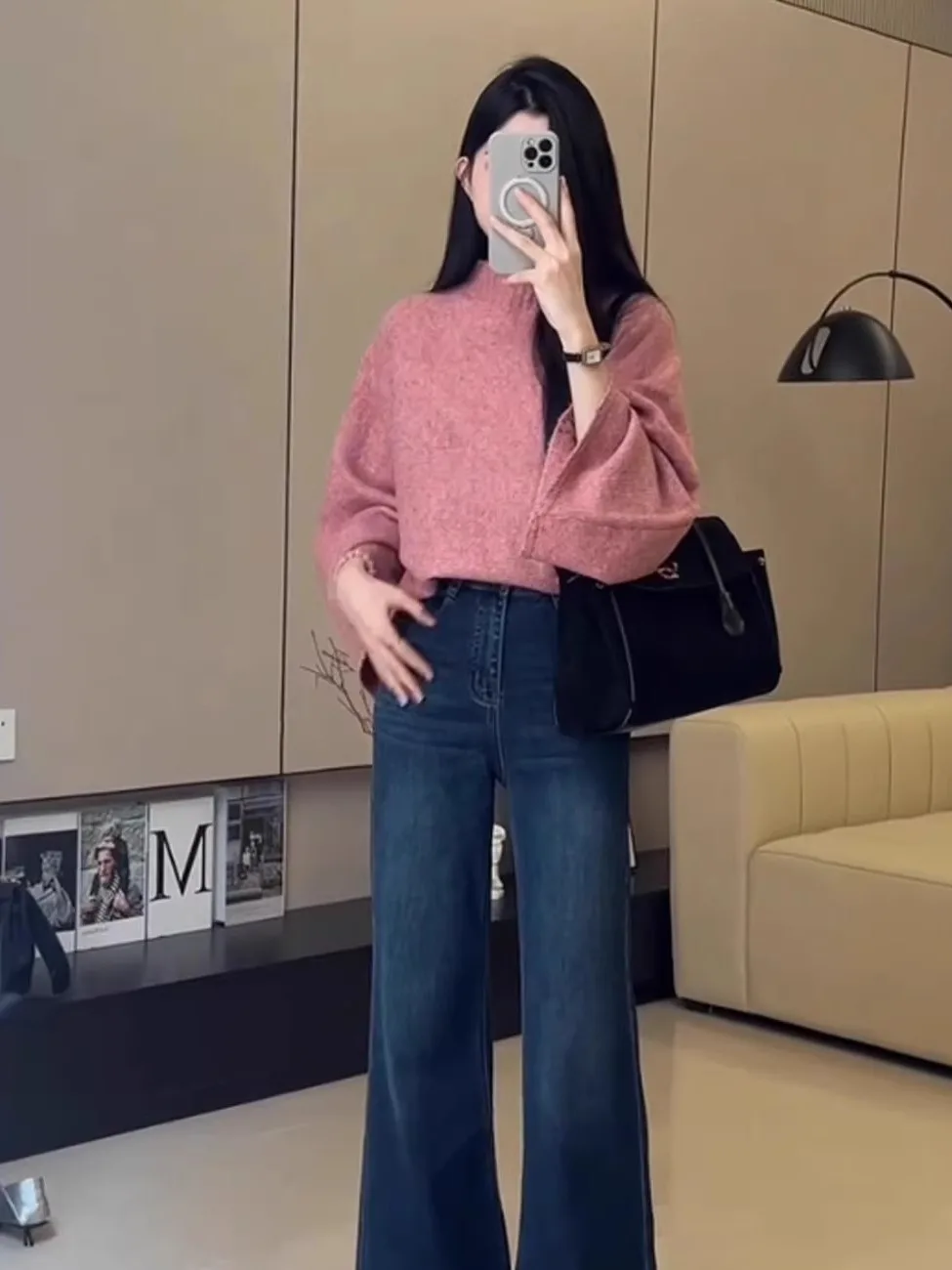 ピンクのゆったりとしたハイネックニットウェア、秋冬用、バットウィングスリーブ、カジュアルなロングスリーブトップ、女性用、ゆったりとした小さめサイズ