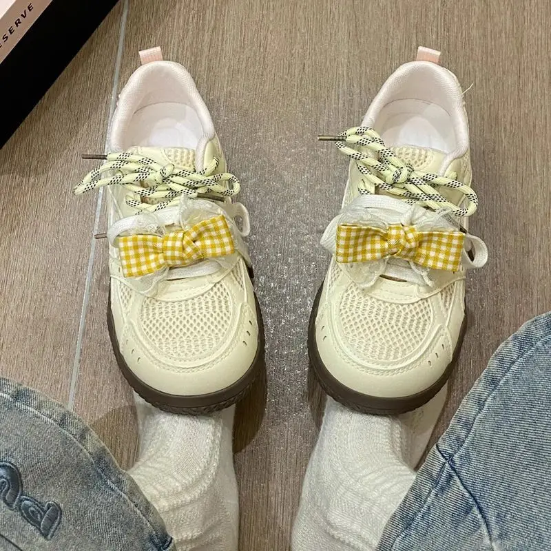 

​2025 New Summer Mesh Breathable Casual Student Bow Flat Shoes for Women​ Comfortable Fashion Lace Up Women Sneakers