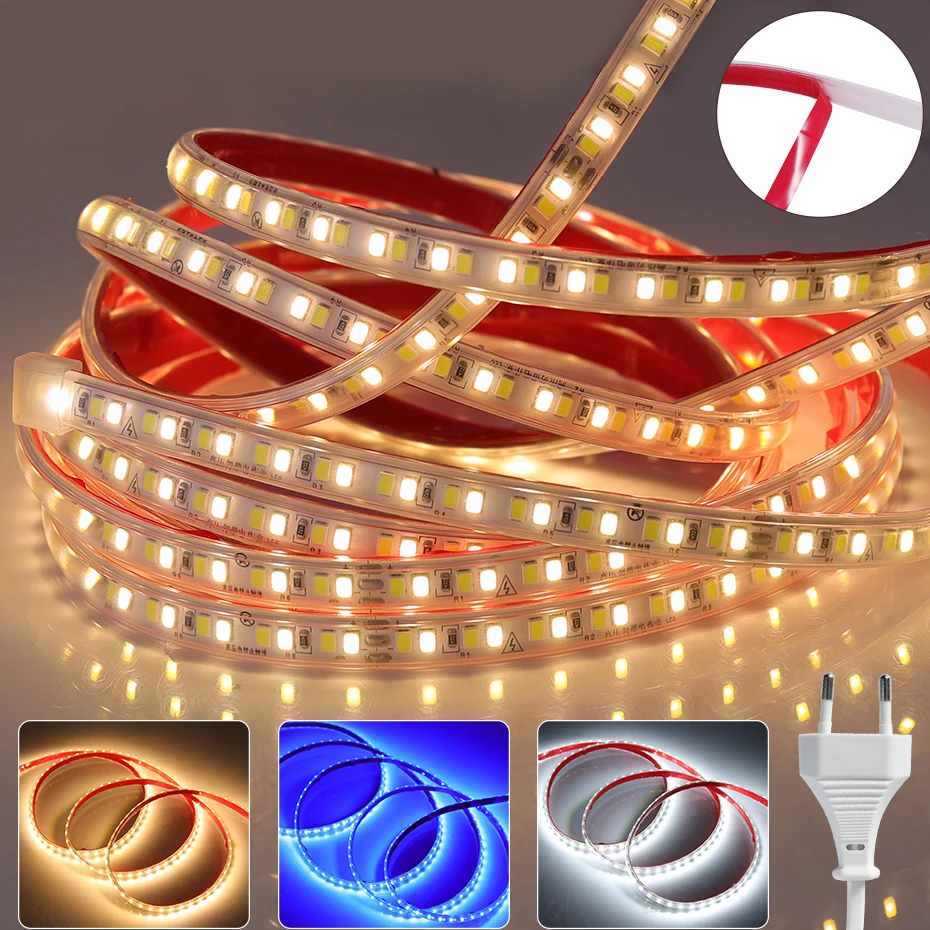 

220V Adhesive LED Strip with EU Plug Super Bright 240LEDs/m Warm White/Blue 5Mode Waterproof Flexible Tape Home Outdoor Lighting
