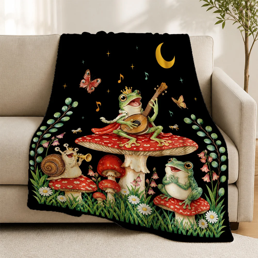 Whimsical Cottagecore Mushroom Toad Frog Throw Blanket Forest Woodland Picnic Bohemian Home Decor Plush Throw Cozy Gift for Sofa