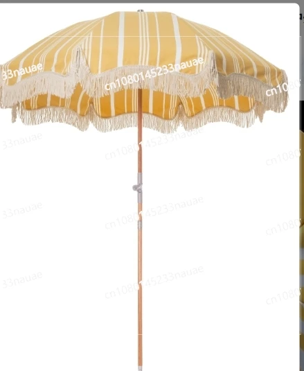 Parasols Beach Umbrellas with Tassels/ Boho Wooden Custom Luxury Portable 8 Feet, Vintage Fringe Sun Outdoor Pole Canvas Yellow