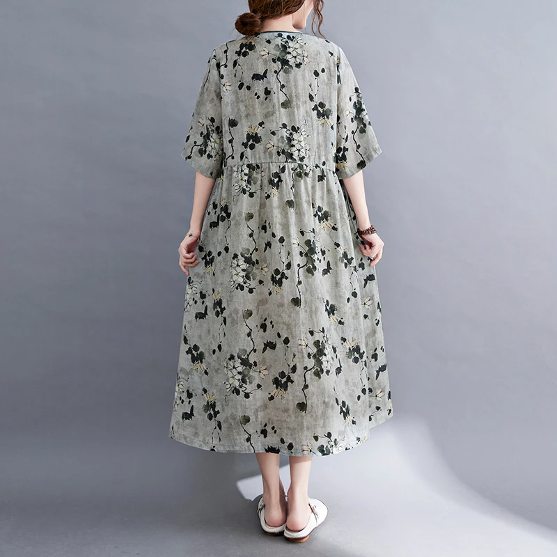 Ele Cotton Linen Print Dr Women's Waist Cinched Slimming Midi Vintage Flax Print Dr Summer Commute Artistic Sle